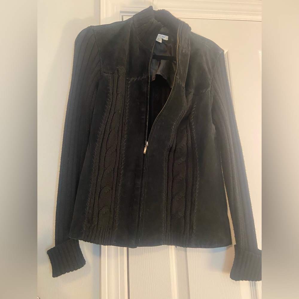 Coldwater Creek Black Suede Leather Sweater Cable Knit Zip Up Jacket Size M
